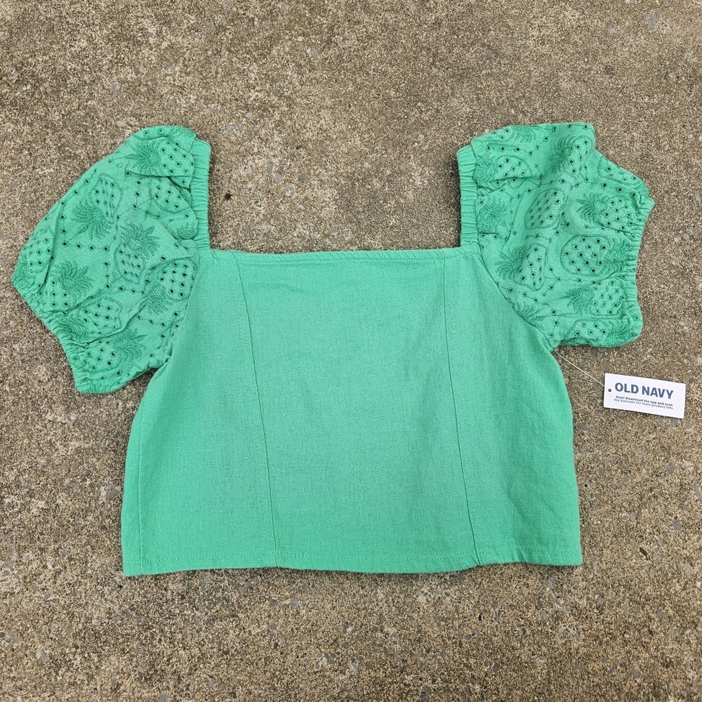 Old‎ Navy Girls Green Linen Eyelet Puff Sleeve Smocked Crop Top Blouse L 10-12